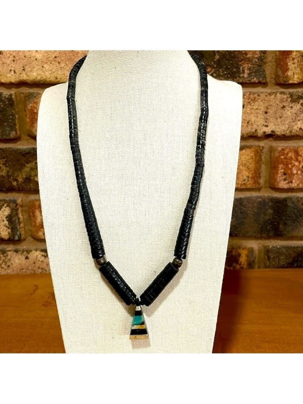 Santo Domingo Pueblo Gemstone Inlay Turquoise Shell Heishi Pendant Necklace